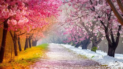 Picturesque Cherry Blossom Trees Along a Snowy Path Signifying Winter to Spring Transition