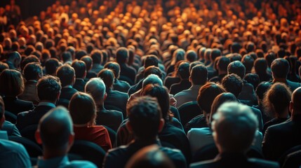A large group of people sitting in front of a stage. Suitable for event, conference, or concert purposes - Powered by Adobe