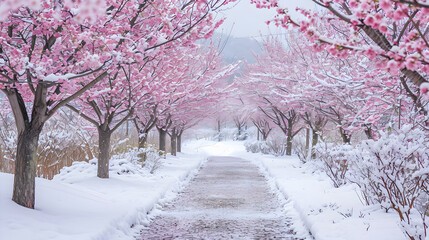 Serene Pathway with Cherry Blossoms and Snow Marking Winter to Spring Transition