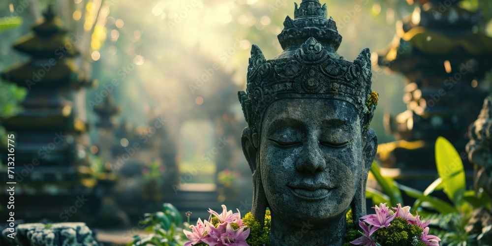 Poster a statue of a person adorned with a beautiful necklace made of flowers. this image can be used to re