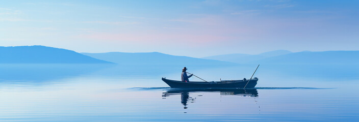 beautiful view of nature landscape, lonely boat in the lake
