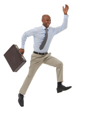 Happy businessman, jump and suitcase in joy for success or celebration on a white studio background. Excited young African male person leaping with smile in fashion or formal clothing on mockup space