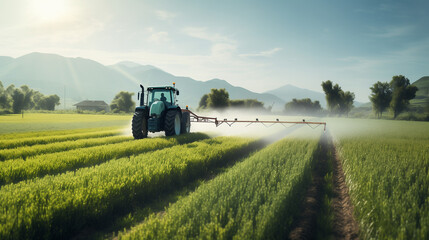 Obraz premium A cutting-edge farm tractor using a high-tech spray system to treat a rural farmland with agricultural chemicals