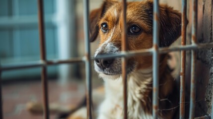 A sad dog sits in a shelter cage, waiting for loving home.