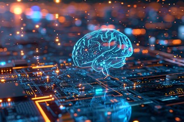 A hologram of a human brain over a glowing motherboard with data motion. Artificial intelligence, Electric brain, AI technology background