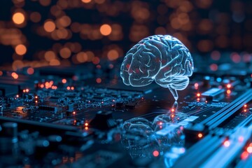 A hologram of a human brain over a glowing motherboard with data motion. Artificial intelligence, Electric brain, AI technology background