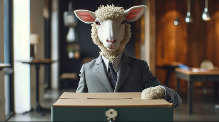 Sheep voting at the ballot box, manipulated by politics and the media. - obrazy, fototapety, plakaty