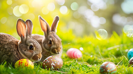 Fototapeta na wymiar Bunny with Easter eggs, Easter card. selective focus. Generative AI,
