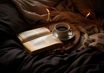 a cup cup of coffee with a book on top of a bed