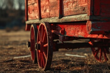 A red wagon sits on top of a dry grass covered field. This versatile image can be used in various contexts