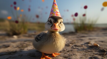 a small duck wearing a party hat