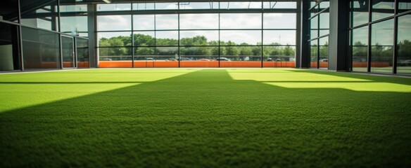 Fototapeta premium a green field with artificial grass and some sunbeams