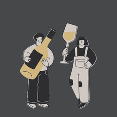 Cute man and woman with a huge bottle of white wine and a huge glass. Funny exaggerated characters for design on the theme of wine or alcoholic beverages. Vector flat illustration.