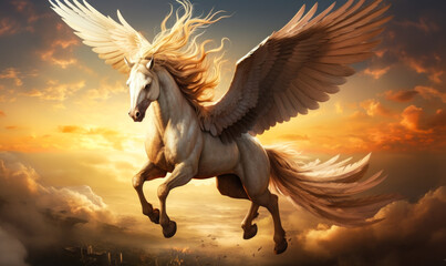Obraz na płótnie Canvas Majestic white Pegasus with expansive wings soaring through a dramatic sunset sky, embodying freedom and the power of myth and legend