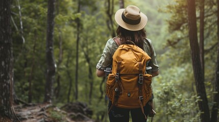 Young traveler wearing a hat with backpack hiking outdoor Travel Lifestyle and Adventure concept. photography
