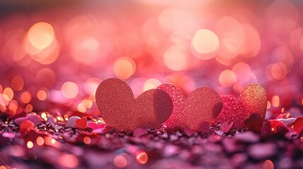 Bokeh lights in heart shapes on a pink background, Dreamy and romantic atmosphere for Valentine's Day. Generative AI.
