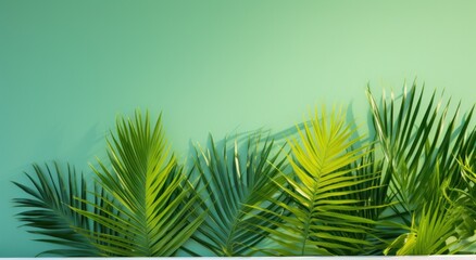 green palm leaves against a green wall