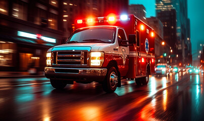 Speeding ambulance on urgent city mission, with lights flashing and siren blaring, rushes through downtown to save lives in a critical emergency situation - obrazy, fototapety, plakaty