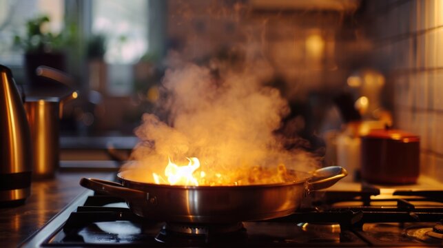A picture of a frying pan on a stove with steam rising from it. This image can be used to illustrate cooking, food preparation, or a hot meal being prepared
