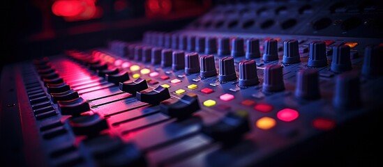 a close up of an audio mixing board with sound system