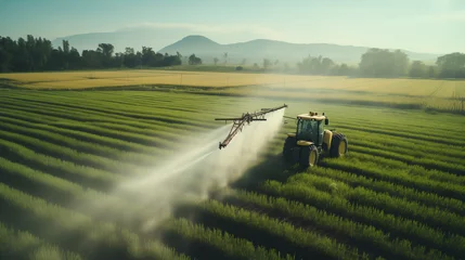 Foto op Plexiglas A cutting-edge farm tractor using a high-tech spray system to treat a rural farmland with agricultural chemicals © Vlad