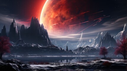 Sunrise on the ice alien planet saturn and moon UHD wallpaper - obrazy, fototapety, plakaty
