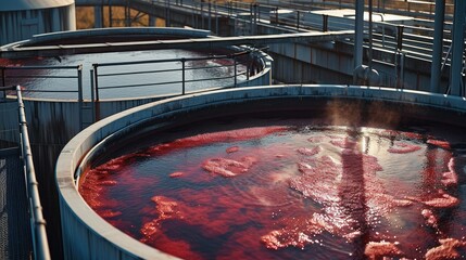 Giant vat boiling red algae outdoors. Generative AI.