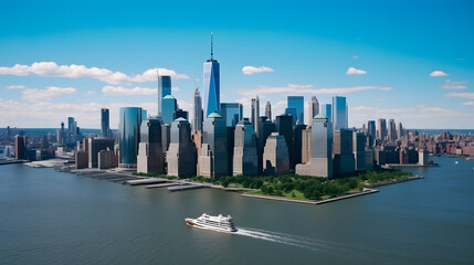 Aerial Photo of Manhattan Island with Office and Apartment Buildings. Hudson River Scenery with Yachts, Boats, One World Trade Center Skyscraper in the Middle of Skyline - obrazy, fototapety, plakaty