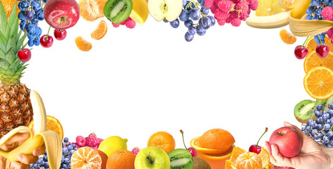 Fresh fruit collection border, isolated on white background: orange, pineapple, grape, lemon, apple, kiwi, mandarin,cherry