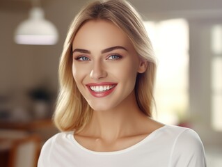 Beautiful wide smile of healthy woman, close up