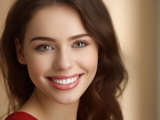 Beautiful wide smile of healthy woman, close up
