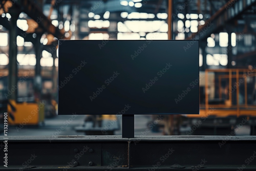 Aufkleber A blank sign is placed on a rail in a factory. This versatile image can be used to convey messages, directions, or warnings in an industrial setting