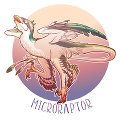 Hunting Microraptor. Small dinosaur running for its prey. Line drawing colored and isolated on a white background. Sticker. Not AI. EPS10 Vector illustration