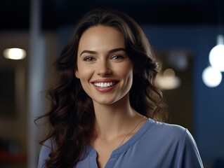 Obraz premium Portrait of young happy woman looks in camera