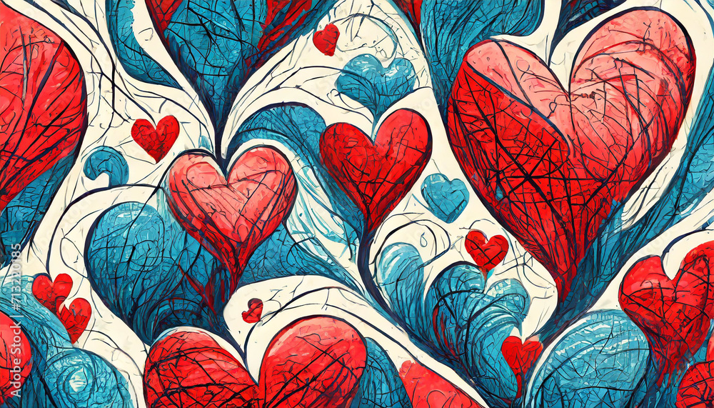 Wall mural seamless background with hearts love blue and red card