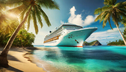Large cruise ship in front of a small tropical island with palm trees with a beautiful sandy beach, surrounded by turquoise sea water, in the background a clear sky with white clouds. Generative Ai. - obrazy, fototapety, plakaty
