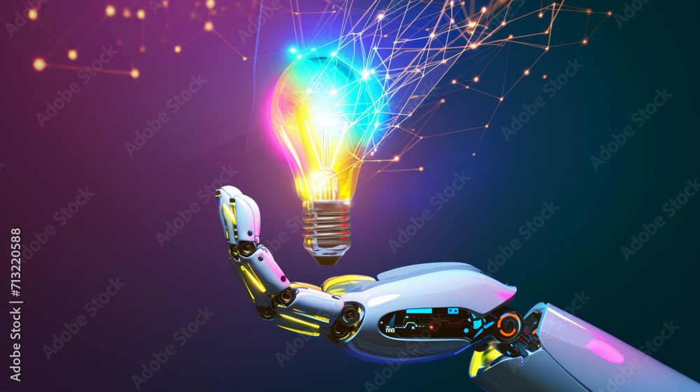 Wall mural artificial intelligence and business. robot hand holding colorful lightbulb holographic infographic 