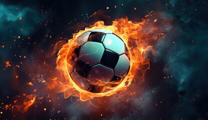 an image of a soccer ball that is surrounded by fire