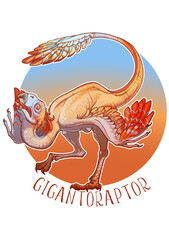 Gigantoraptor mating dance. Linear drawing colored isolated on a white background. Big non-avian dinosaur complex behaviour. Sticker. Not AI. EPS10 Vector illustration
