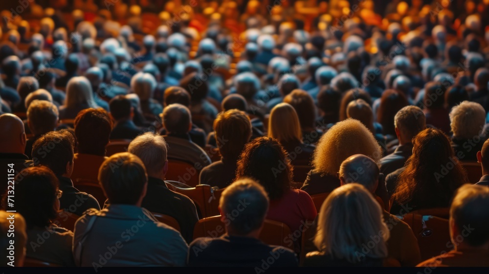Poster a large group of people sitting in front of a stage. perfect for event or concert promotion