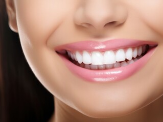 Fototapeta premium Beautiful wide smile of healthy woman, white teeth close up. Generative AI