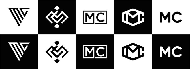 MC logo. M C design. White MC letter. MC, M C letter logo design. Initial letter MC linked circle uppercase monogram logo. M C letter logo vector design. MC letter logo design five style.	
