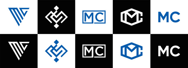 MC logo. M C design. White MC letter. MC, M C letter logo design. Initial letter MC linked circle uppercase monogram logo. M C letter logo vector design. MC letter logo design five style.	
