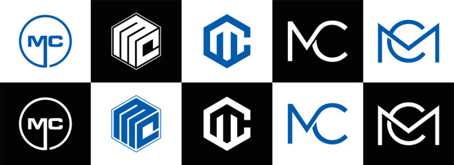 MC logo. M C design. White MC letter. MC, M C letter logo design. Initial letter MC linked circle uppercase monogram logo. M C letter logo vector design. MC letter logo design five style.	
