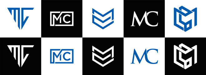 MC logo. M C design. White MC letter. MC, M C letter logo design. Initial letter MC linked circle uppercase monogram logo. M C letter logo vector design. MC letter logo design five style.	
