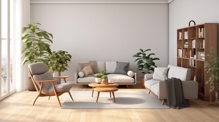 Fototapeta na wymiar Modern scandinavian living room with design furniture and big glasses