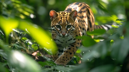 Stealthy ocelot stalking through the underbrush.