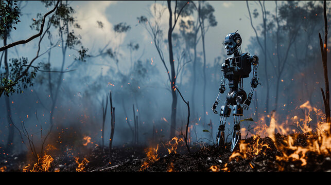 Business and Artificial Intelligence. Using artificial intelligence against global warming. Robot standing next to burning forest. Save the earth. Global warming