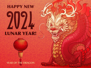 The Year of Dragon Holiday Poster or Postcard. Zodiac symbol of the New Year 2024. Dragon body curved to form 2024. Line drawing coloured and isolated on red textured background. NOT AI. EPS10 vector.