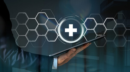 Doctor holding a digital tablet. Health medicine concept. Businessman with laptop ipad in hand